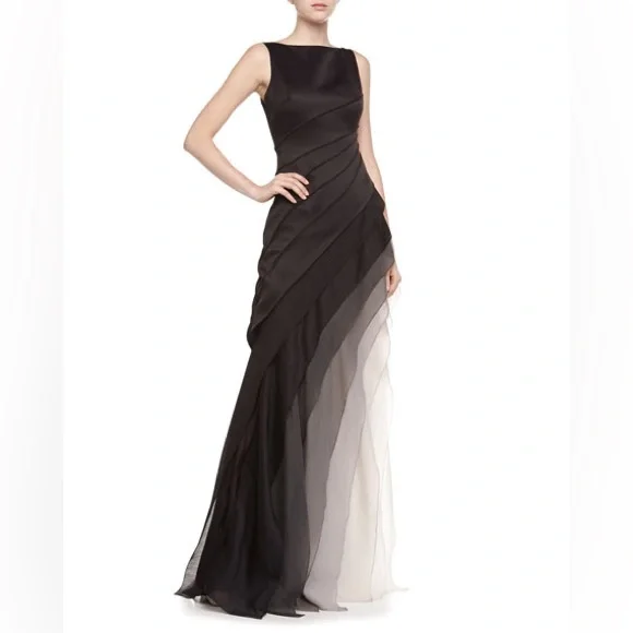 Halston Heritage Black Satin Organza Sleeveless Ombre Degrade Tiered Gown EUC 2 - Picture 1 of 12